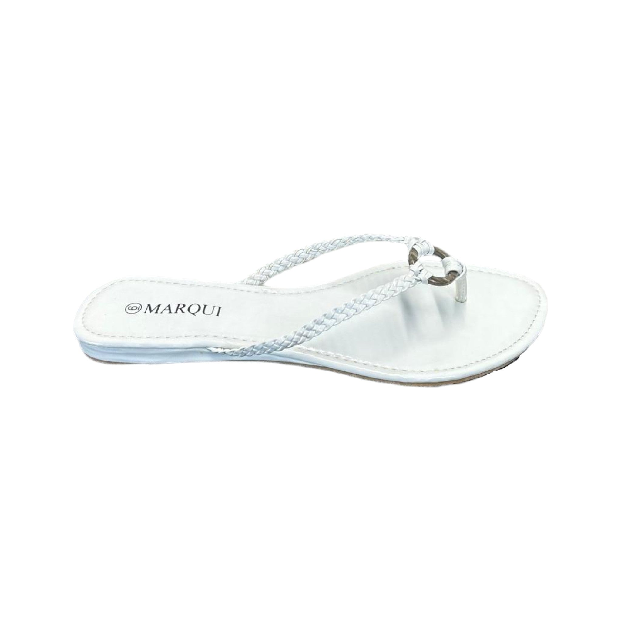 Women's white braided thong sandal by Marqui with metal ring detail – flat summer slip-on beach footwear